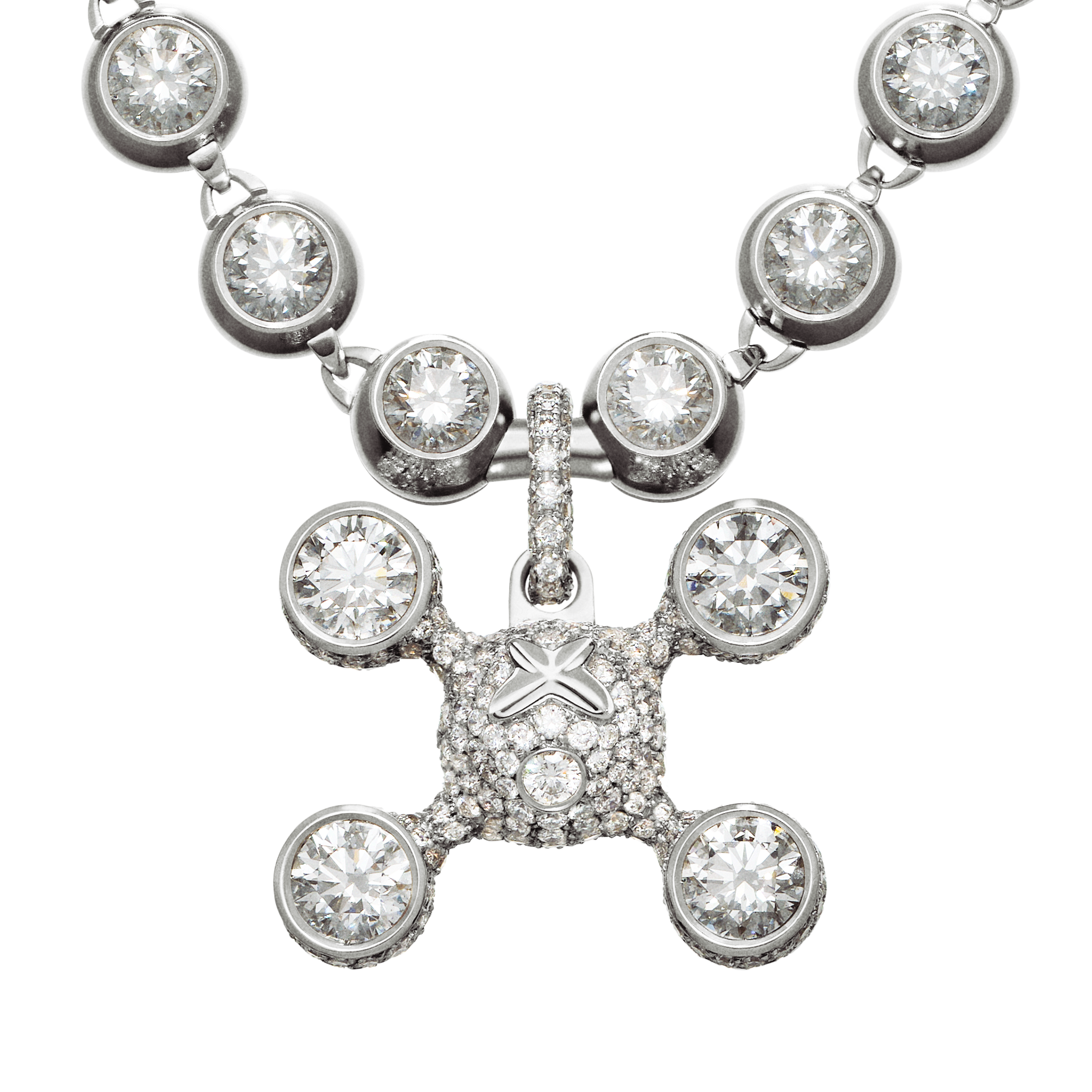 A detail of Sphere Legs High Jewelry Pendant in White Gold